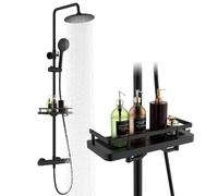 HOMELODY Shower System with Thermostat and Shower Tray, Complete Set Black with Round Rainfall Shower Head, 3 Jet Types, ABS Hand Shower, Safety Lock at 38°C, Black Shower Faucet