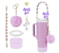 Homelytic Cup Accessories Set, 10PCS Tumbler Decoration Kit with Floral Strap, Pom Pom Charms, Silicone Boot, Light Purple Water Bottle Handle