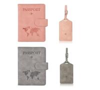 Homelytic RFID Blocking Passport Holder & Luggage Tag Set - PU Leather Map Design Travel Wallet with ID Window & Card Slots | 4-Piece Set (Pink & Gray)