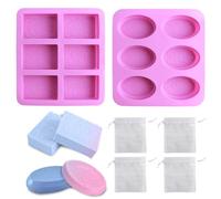 Homemade Soap Mould Set, Purple Silicone Soap Moulds, 6 Cavity Silicone Leaves Soap Handmade Mould, DIY Handmade Cube Soap Trays with 4 Yarn Bags, Oval Leaf Soap Mould for Soap Cakes Biscuits Making