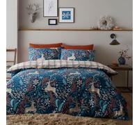 HOMEMAKER BEDDING Winter Stag Duvet Cover Set, Dark Blue and Cream Check Reversible, Polycotton (Double)