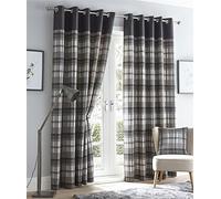 Homemaker Grey curtains eyelet ring top lined curtains tartan check 66 x 72 (168x183cm)