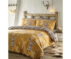 Homemaker Rustic stag duvet sets & tartan check quilt cover ochre mustard reversible bedding (King)