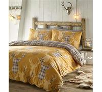 Homemaker Rustic stag duvet sets & tartan check quilt cover ochre mustard reversible bedding (Super King)