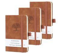 HOMEMARS Pocket Notebook, Small Notebook, 3 Pack, Pocket Notepad, 14.4 cm x 9.6cm, A6 Notebook, Brown, 192 Pages Each, Hardcover, Lined Paper, Vegan Leather with Pen Loop, Embossing Tree Design