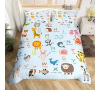 Homemising ABC Pattern Bedding Set Junior/Cot Bed Kids Cute Alphabet Learning Comforter Cover for Boys Girls 26 Letters Cartoon Animal English Alphabet Educational Duvet Cover Room Decor 2Pcs