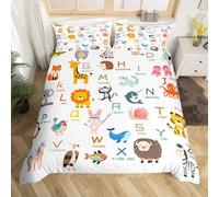 Homemising ABC Pattern Bedding Set Single Size Kids Cute Alphabet Learning Comforter Cover for Boys Girls 26 Letters English Alphabet Cartoon Animal Educational Duvet Cover Room Decor 2Pcs