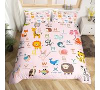 Homemising ABC Pattern Bedding Set Single Size Kids Cute Alphabet Learning Educational Comforter Cover for Boys Girls 26 Letters English Alphabet Cartoon Animal Duvet Cover Room Decor 2Pcs
