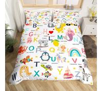 Homemising ABC Pattern Bedspread Single Size Cute Alphabet Learning Bedding Set for Boys Girls 26 Letters English Alphabet Cartoon Animal Educational Duvet Cover Room Decor 2Pcs