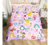 Homemising ABC Pattern Bedspread Single Size Cute Alphabet Learning Bedding Set for Boys Girls 26 Letters Cartoon Animal Educational English Alphabet Duvet Cover Room Decor 2Pcs