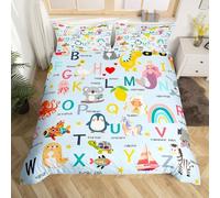 Homemising ABC Pattern Bedspread Super King Size Cute Alphabet Learning Bedding Set for Boys Girls 26 Letters Cartoon Animal English Alphabet Educational Duvet Cover Room Decor 3Pcs