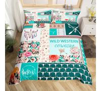 Homemising Blue Western Aztec Duvet Cover Wild Cowgirl Boots Bedding Set for Kids Boys Girls Teens Room Decor Bull Skull Floral Southwestern Rustic Comforter Cover King Size Soft 3Pcs