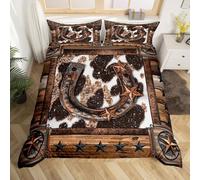 Homemising Brown Western Aztec Bedding Set Double Size Kids Horseshoes Comforter Cover for Boys Girls Teens West Texas Star Cow Fur Printed Rustic Farmhouse Duvet Cover Soft Room Decor 3Pcs