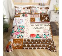 Homemising Brown Western Aztec Duvet Cover Wild Cowgirl Boots Bedding Set for Kids Boys Girls Teens Room Decor Bull Skull Floral Southwestern Rustic Comforter Cover King Size Soft 3Pcs