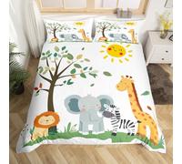 Homemising Cute Jungle Animals Bedding Set Single Size Kids Elephant Giraffe Lion Zebra Comforter Cover for Boys Girls Cartoon Wild Animal Nature Wildlife Duvet Cover Soft Room Decor 2Pcs