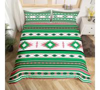 Homemising Green Pink Southwestern Aztec Bedding Set King Size Geometric Vintage Bedspread for Kids Geometry Bohemian Boho Tribal Rustic Duvet Cover Room Decor 2 Pillow Case 3Pcs