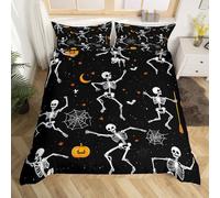 Homemising Halloween Gothic Bedding Set King Size Goth Sugar Skull Comforter Cover for Kids Teens Dancing Skeleton Bones Horror Cobweb Duvet Cover Room Decor With 2 Pillow Case Soft 3Pcs