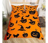 Homemising Happy Halloween Bedding Set Junior/Cot Bed Pumpkin Comforter Cover for Kids Fall Pumpkin Lantern Bat Cobweb Magic Hat Orange Duvet Cover Room Decor With 1 Pillow Case Soft 2Pcs