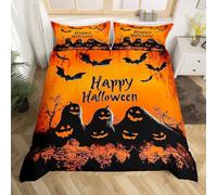 Homemising Happy Halloween Bedding Set Single Size Kids Cute Ghost Comforter Cover for Boys Girls Teens Gothic Vintage Halloween Bat Cobweb Orange Duvet Cover Breathable Soft Room Decor 2Pcs
