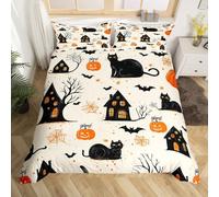 Homemising Happy Halloween Bedding Set Super King Size Black Cat Comforter Cover for Kids Teens Adults Pumpkin Bat Spider Cobweb Spooky Castle Duvet Cover Room Decor With 2 Pillow Case Soft 3Pcs