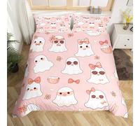Homemising Happy Halloween Comforter Cover Junior/Cot Bed Cute Ghost Bedding Set for Boys Girls Children Kawaii Halloween Decor Pink Bow Bowknot Floral Duvet Cover Room Decor Soft 2Pcs