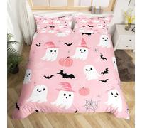 Homemising Happy Halloween Comforter Cover King Size Cute Ghost Bedding Set for Boys Girls Children Bat Cobweb Pumpkin Lantern Magic Hat Pink Duvet Cover Room Decor Soft All Season 3Pcs