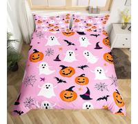 Homemising Happy Halloween Comforter Cover Single Size Cute Ghost Bedding Set for Boys Girls Children Pumpkin Lantern Bat Cobweb Magic Hat Horror Pink Duvet Cover Room Decor Soft 2Pcs