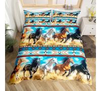 Homemising Horse Comforter Cover Junior/Cot Bed Kids Galloping Horse Bedding Set for Boys Girls Teens Southwestern Aztec Boho Rustic Wild Western Cowboy Farm Duvet Cover Soft Room Decor 2Pcs