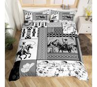 Homemising Kids Grey Western Aztec Bedding Set Super King Size Horse Duvet Cover For Boys Girls Teens Bedroom Decor Wild Cowboy Boho Boho Rustic Farmhouse Tribal Comforter Cover Soft 3Pcs