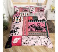 Homemising Kids Pink Western Aztec Bedding Set Super King Size Horse Duvet Cover For Boys Girls Teens Bedroom Decor Wild Cowboy Boho Southwestern Rustic Farmhouse Tribal Comforter Cover Soft 3Pcs