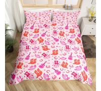 Homemising Pink Western Aztec Bedding Set for Girls Boys Kids Double Size Wild Cowboy Boots Hat Comforter Cover Room Decor Horseshoes Guitar Rustic Farmhouse Tribal Cow Duvet Cover Soft 3Pcs