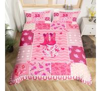 Homemising Pink Western Aztec Duvet Cover Cowgirl Boots Bedding Set Junior/Cot Bed Disco Ball Wild Tribal Boho Rustic Horseshoes Bow Girly Comforter Cover for Room Decor 1 Pillow Case 2Pcs