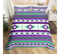 Homemising Purple Green Southwestern Aztec Bedding Set Junior/Cot Bed Geometric Vintage Bedspread for Kids Geometry Bohemian Boho Tribal Rustic Duvet Cover Room Decor 1 Pillow Case 2Pcs