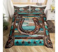Homemising Teal Horseshoes Bedding Set King Size Kids Western Aztec Comforter Cover for Boys Girls Teens West Texas Star Cowboy Rustic Farmhouse Tribal Duvet Cover Soft Room Decor 3Pcs