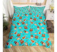 Homemising Teal Western Aztec Duvet Cover Kids Wild Cowboy Boots Hat Bedding Set Junior/Cot Bed Horseshoes Guitar Rustic Farmhouse Tribal Cow Comforter Cover for Room Decor 1 Pillow Case 2Pcs