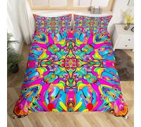 Homemissing 70s Retro Flowers Bedding Set For Kids Children Girl Teen Double Size,Hippie Vintage Yellow Purple Duvet Cover,70S Hippie Flowers Bohemian Comforter Cover,Vintage Boho Bedroom Decor