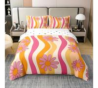 Homemissing 70s Retro Flowers Bedding Set For Kids Children Girl Teen King Size,Hippie Vintage Pink Yellow Duvet Cover 100% Cotton,Watercolor Floral Comforter Cover Set,Retro Flowers,No Comforter
