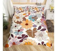 Homemissing 70s Retro Flowers Bedding Set For Kids Children Girl Teen Single Size,Watercolor Brown Floral Duvet Cover,Botanical Flower Comforter Cover,Vintage Boho Garden Style Bedroom Decor