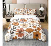 Homemissing 70s Retro Flowers Bedding Set For Kids Children Girl Teen Single Size,Watercolor Brown Floral Duvet Cover 100% Cotton,Botanical Flower Comforter Cover Set,70s Trippy Daisy Groovy Floral