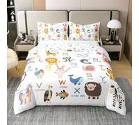 Homemissing ABC Pattern Bedding Set King Size Kids Cute Alphabet Learning Comforter Cover for Boys 26 Letters English Alphabet Cartoon Animal Educational Duvet Cover 100% Cotton Soft 3Pcs