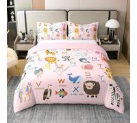 Homemissing ABC Pattern Bedding Set King Size Kids Cute Alphabet Learning Educational Comforter Cover for Boys 26 Letters English Alphabet Cartoon Animal Duvet Cover 100% Cotton Soft 3Pcs