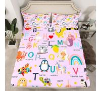 Homemissing ABC Pattern Bedding Single Cute Alphabet Learning Fitted Sheet for Boys Girls 26 Letters Cartoon Animal Educational English Alphabet Bed Sheets Set 16" Deep Pocket Room Decor 2Pcs