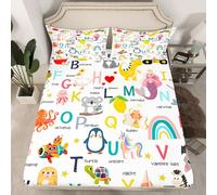 Homemissing ABC Pattern Bedding Single Cute Alphabet Learning Fitted Sheet for Boys Girls 26 Letters English Alphabet Cartoon Animal Educational Bed Sheets Set 16" Deep Pocket Room Decor 2Pcs