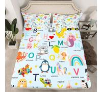 Homemissing ABC Pattern Bedding Single Cute Alphabet Learning Fitted Sheet for Boys Girls 26 Letters Cartoon Animal English Alphabet Educational Bed Sheets Set 16" Deep Pocket Room Decor 2Pcs