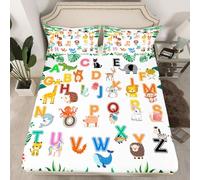 Homemissing ABC Pattern Bedding Single Cute Alphabet Learning Fitted Sheet for Boys Girls Cartoon Animal 26 Letters English Alphabet Educational Bed Sheets Set 16" Deep Pocket Room Decor 2Pcs