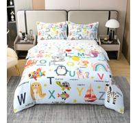 Homemissing ABC Pattern Comforter Cover Double Size Cute Alphabet Learning Bedding Set for Boys Girls 26 Letters Cartoon Animal English Alphabet Educational Duvet Cover 100% Cotton Soft 3Pcs