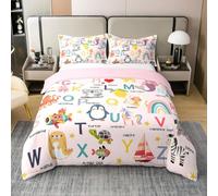 Homemissing ABC Pattern Comforter Cover Single Size Cute Alphabet Learning Educational Bedding Set for Boys Girls 26 Letters English Alphabet Cartoon Animal Duvet Cover 100% Cotton Soft 2Pcs