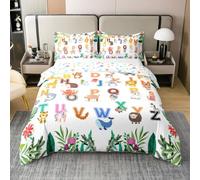 Homemissing ABC Pattern Comforter Cover Super King Size Cute Alphabet Learning Bedding Set for Boys Girls Cartoon Animal 26 Letters English Alphabet Educational Duvet Cover 100% Cotton Soft 3Pcs