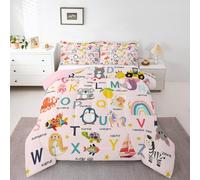 Homemissing ABC Pattern Duvet Quilt Double Size Cute Alphabet Learning Educational Comforter Set for Boys Girls Children 26 Letters English Alphabet Cartoon Animal Bedding Set Room Decor Soft 3Pcs