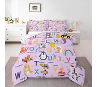 Homemissing ABC Pattern Duvet Quilt Single Size Cute Alphabet Learning Comforter Set for Boys Girls Children 26 Letters Cartoon Animal Educational English Alphabet Bedding Set Room Decor Soft 3Pcs